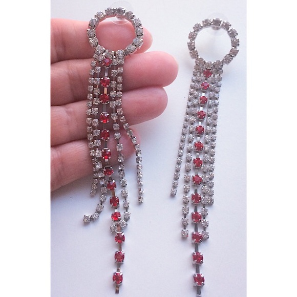 Earrings Long Drop Red Clear Crystals Silver Tone - Picture 3 of 6